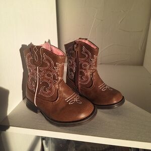 Brown Toddler Girl Boots Size 5 Cowgirl Western Faux Leather Pull On Pink LN